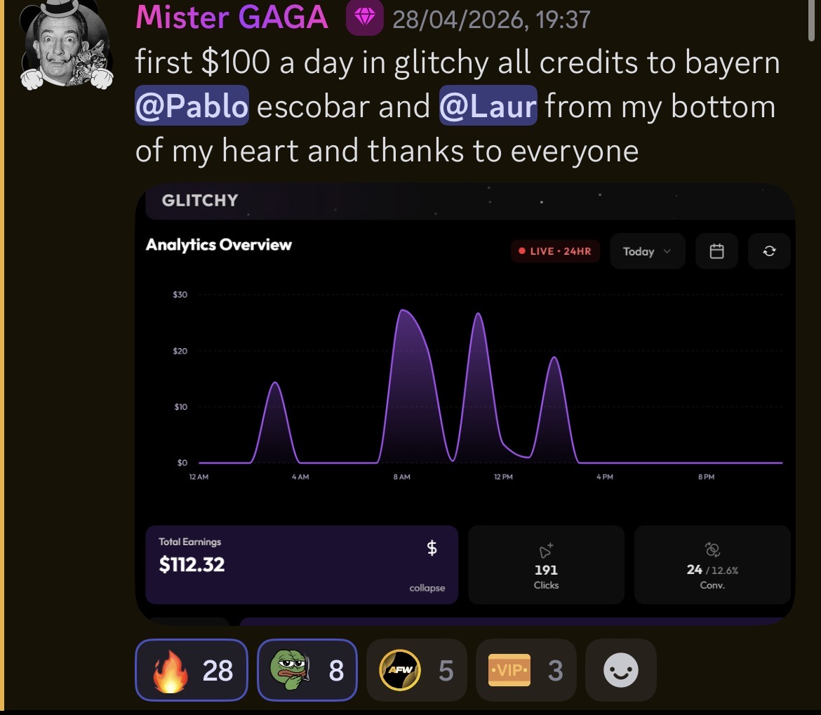 Member's first $100 day in Glitchy with $112.32 earned