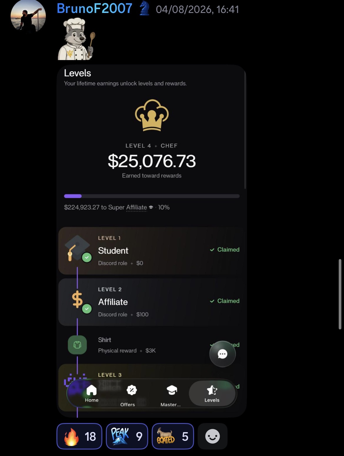 Community member reaching Chef level with $25,076.73 earned