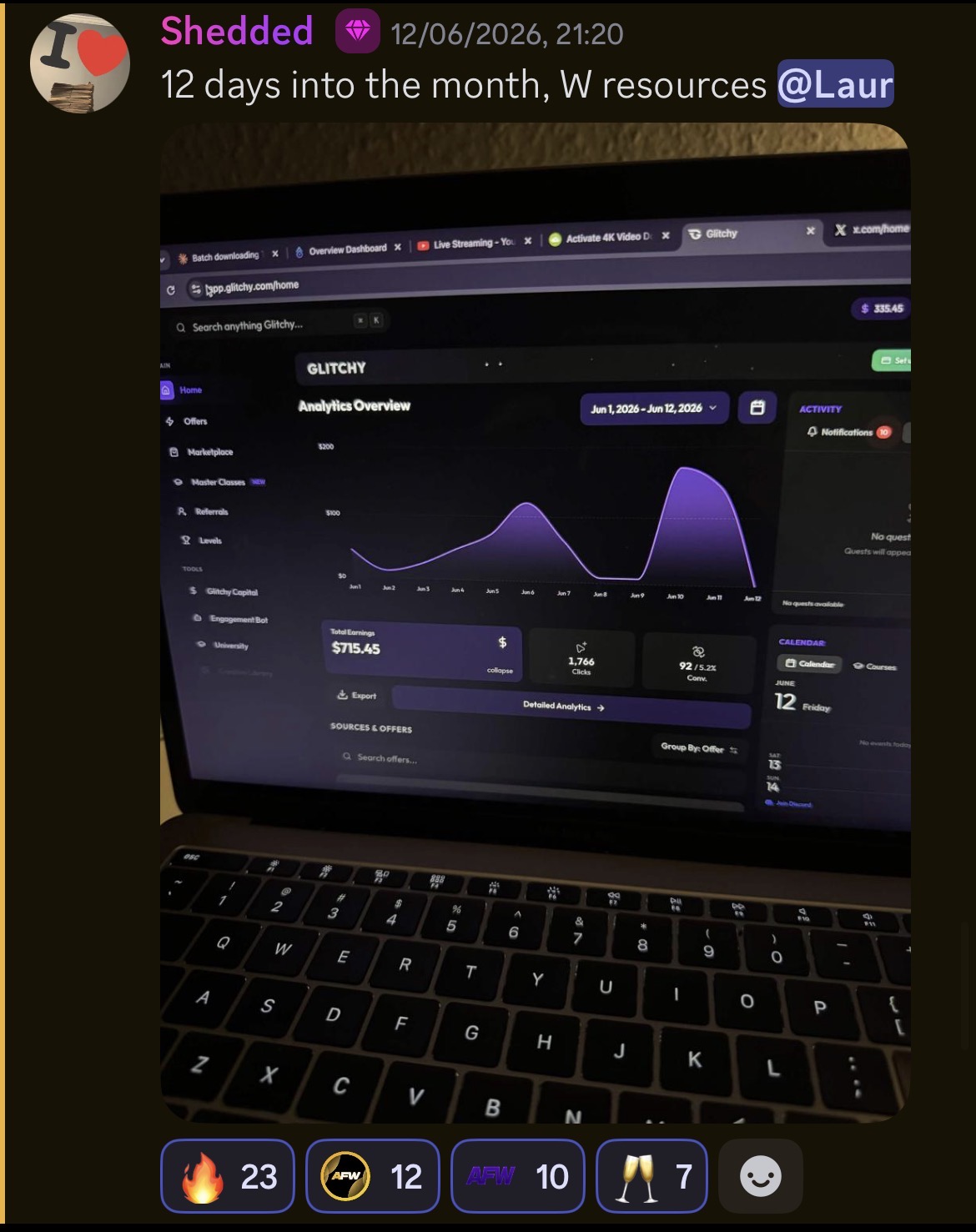 Community member dashboard showing $715.45 in 12 days