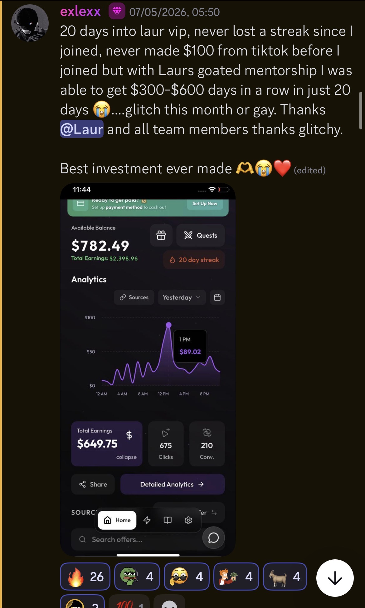 Member earning $649.75 in a day after 20 days in VIP